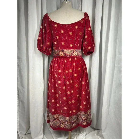 VTG Victor‎ Costa Red Velveteen Midi Party Dress Womens 10 Belted Puff Gold EUC